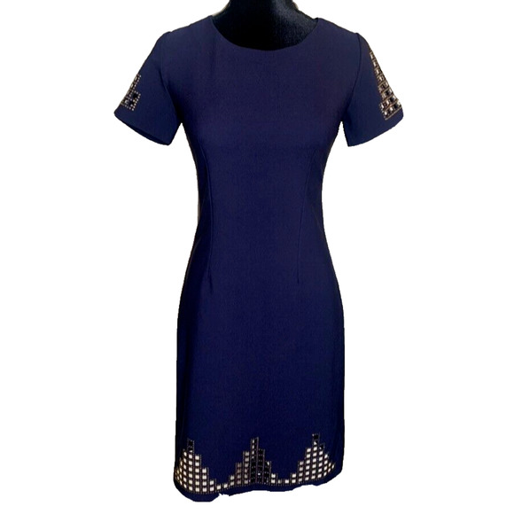 Sensiline Navy Dress Womens 4 Cut-Out Gold Embellishments Cocktail Sheath Dress - Picture 1 of 14